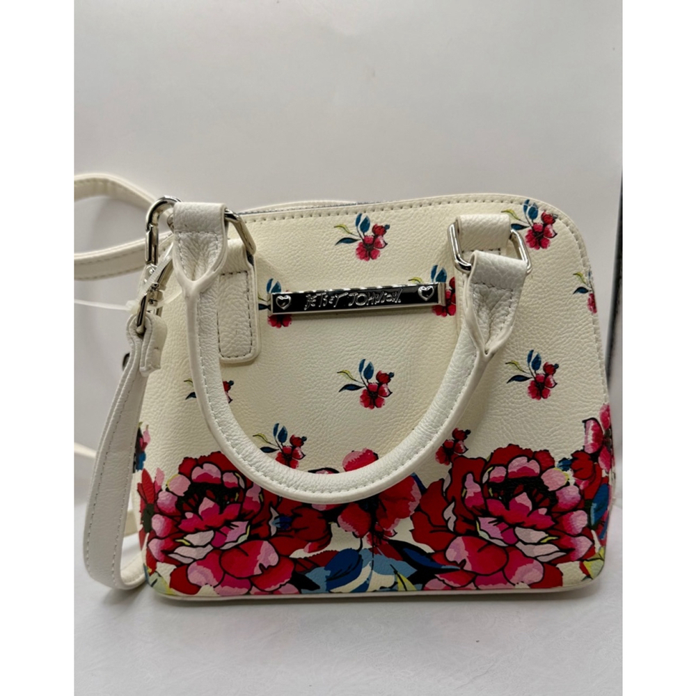 NWT Betsey Johnson Off White Faux Leather with Floral Print Top Handle Crossbody